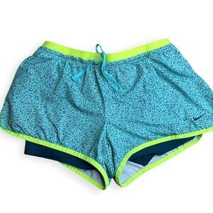 NIKE Women’s Copa Blue/Volt Green Dri-FIT Full Flex 2-in-1 Training Shorts Size
